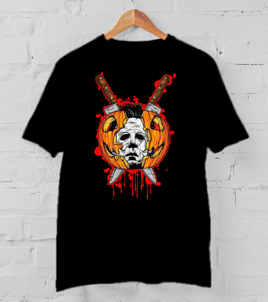 Michael Myers Pumpkin Head Halloween Horror Iconic Mask Crossed Knives T-Shirt