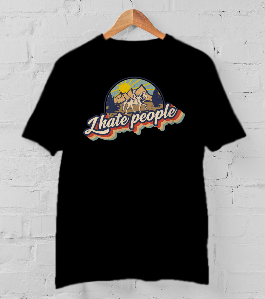 I Hate People Vintage Wilderness Horseback Riding Retro Sun Mountain Scene T-Shirt