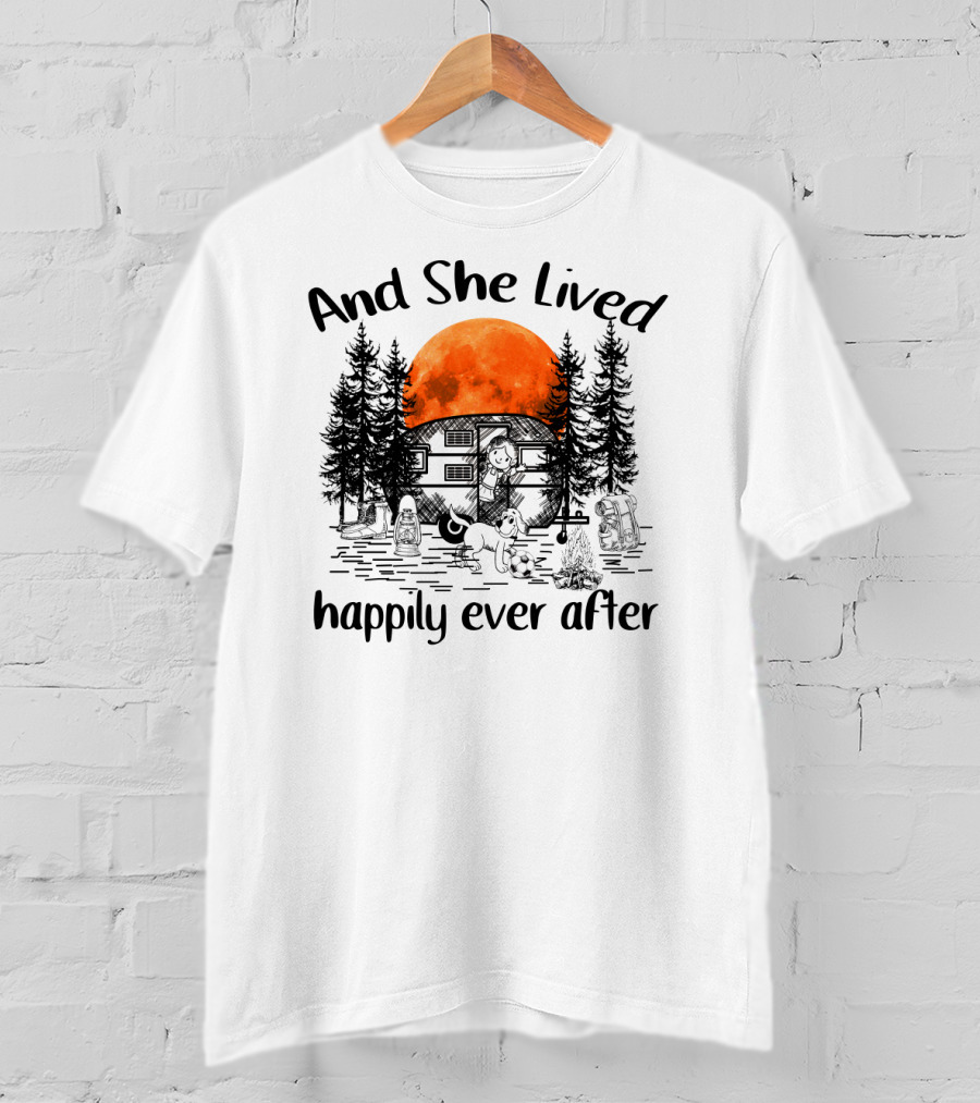 And She Lived Happily Ever After Camping Adventure With Orange Moon And Campfire Scene T-Shirt