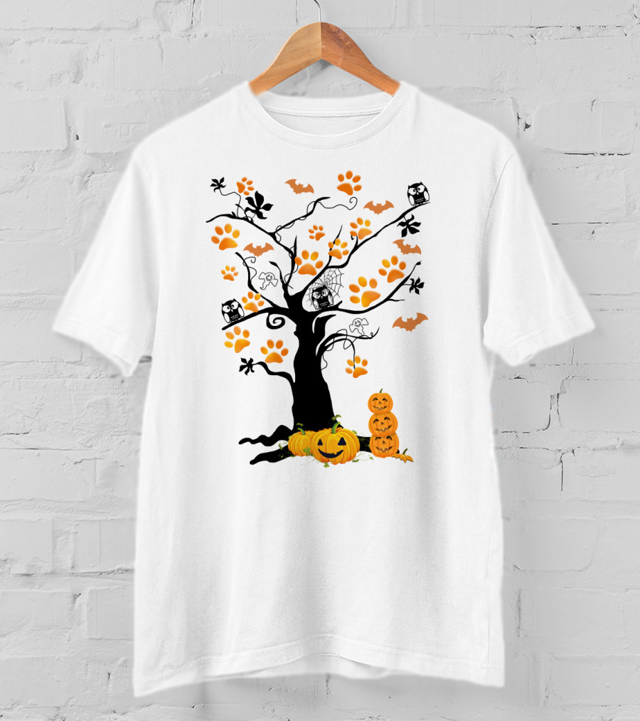 Dog Paw Tree Halloween Pumpkins Bats Owls Ghosts T-Shirt