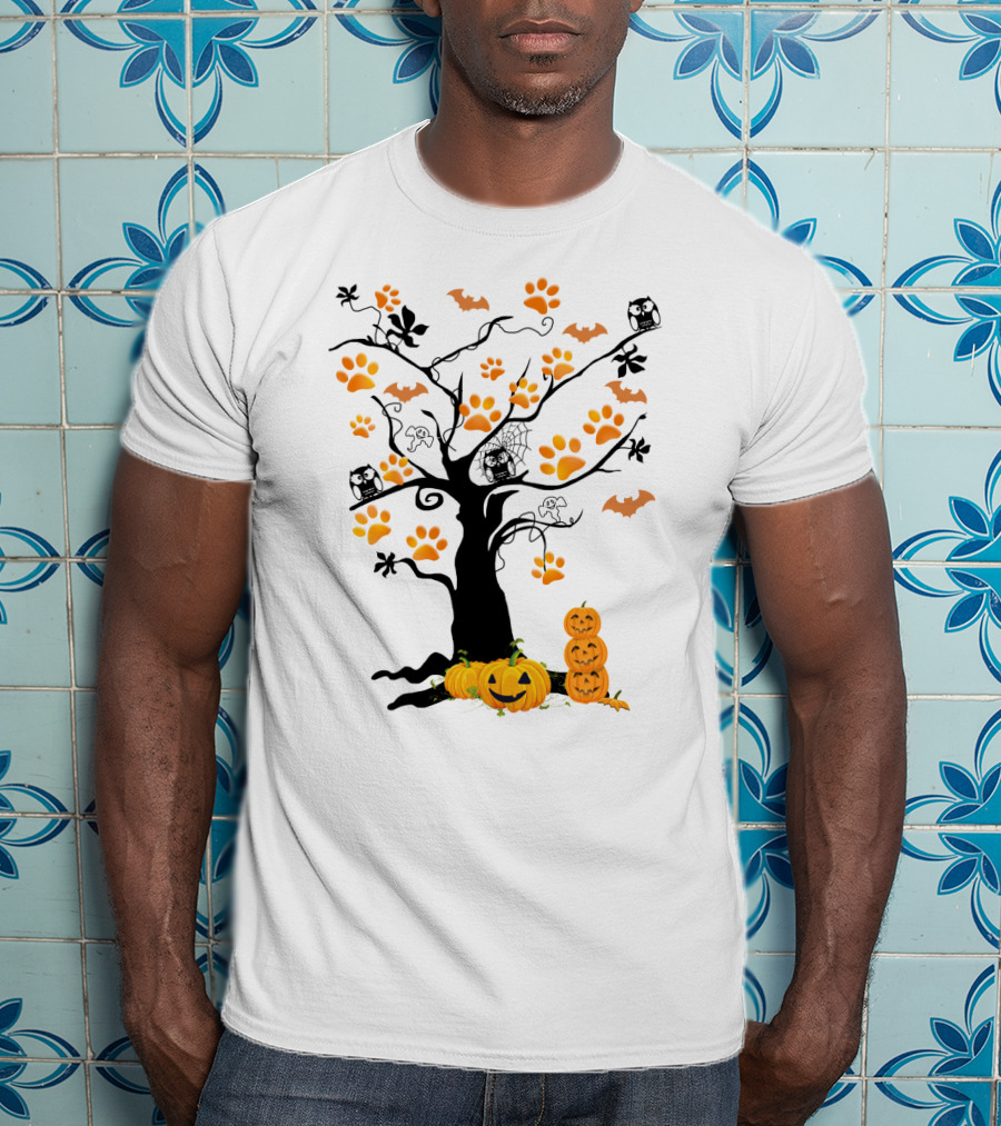 Dog Paw Tree Halloween Pumpkins Bats Owls Ghosts T-Shirt