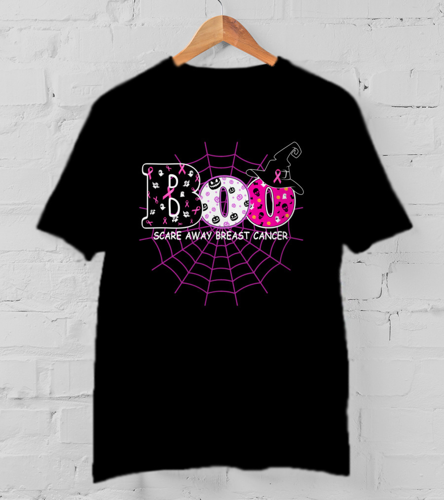 Boo Halloween Witch Hat Pink Ribbon Scare Away Breast Cancer Awareness T-Shirt