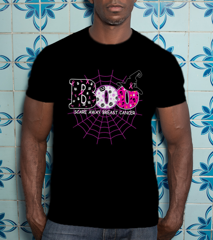 Boo Halloween Witch Hat Pink Ribbon Scare Away Breast Cancer Awareness T-Shirt