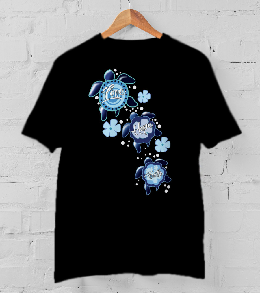 Love Hope Faith Turtle Icons Blue T-Shirt