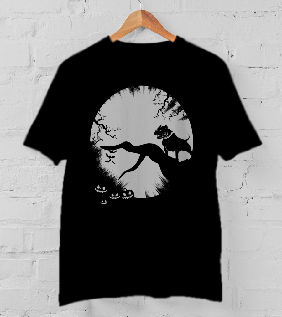 Pitbull Halloween Moon With Jack O'Lanterns And Bats T-Shirt
