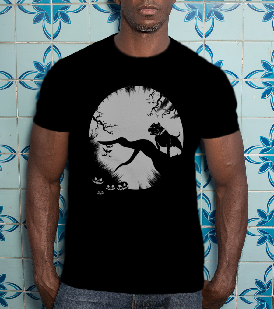 Pitbull Halloween Moon With Jack O'Lanterns And Bats T-Shirt