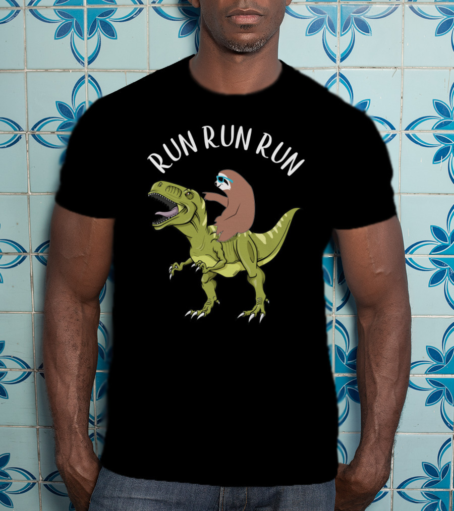 Run Run Run Sloth Riding Dinosaur T-Shirt