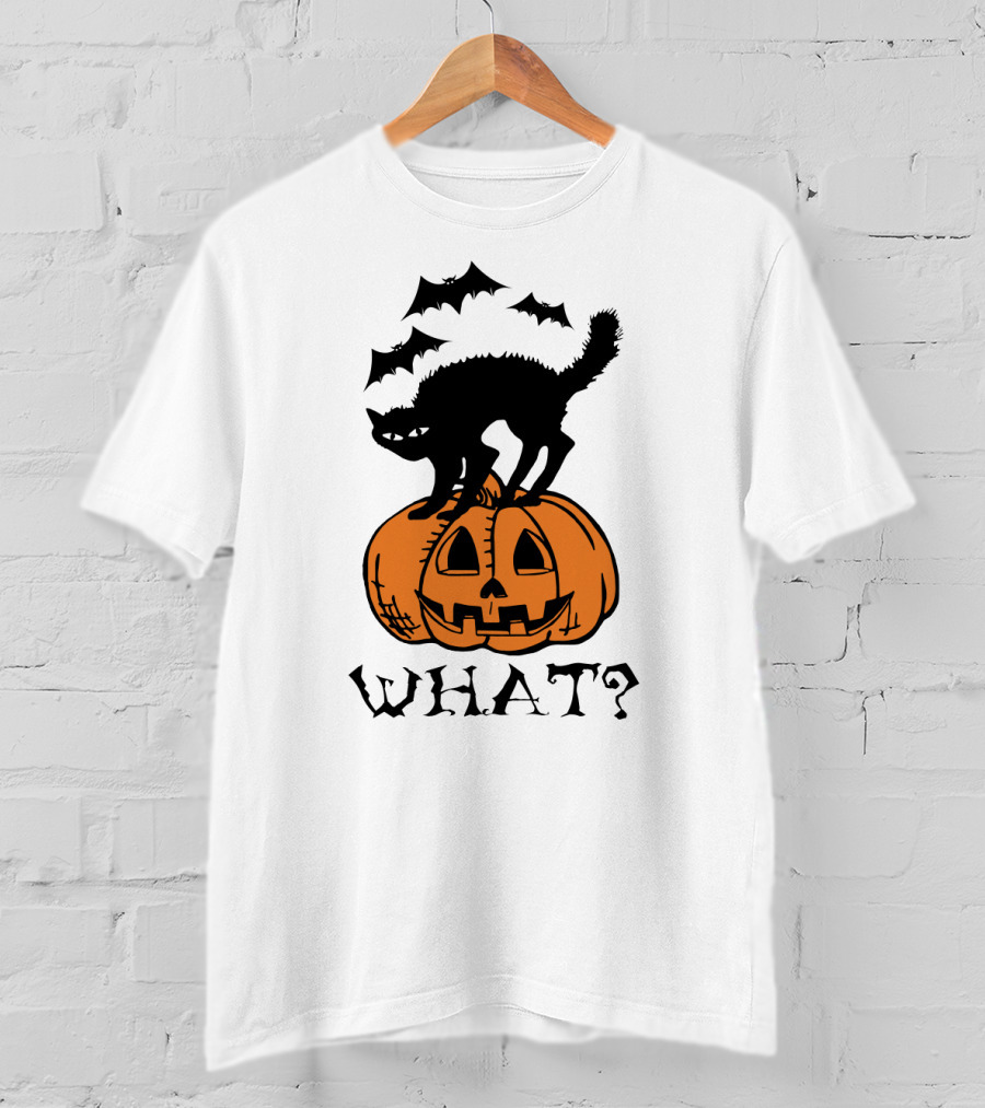 WHAT Black Cat Halloween Pumpkin Bats T-Shirt