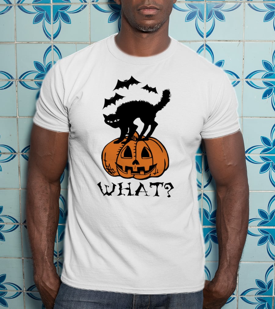 WHAT Black Cat Halloween Pumpkin Bats T-Shirt