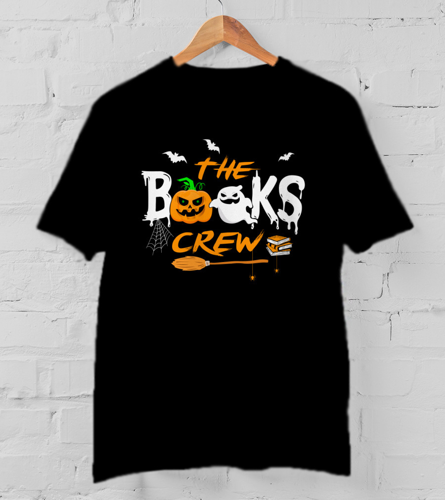 The Books Crew Halloween Ghost Pumpkin Bats Broom Books Spider Web T-Shirt