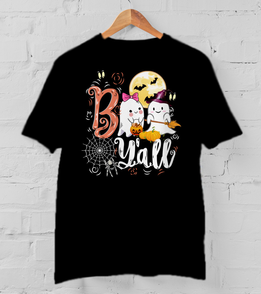 Bo Y'all Cute Ghosts With Pumpkins And Halloween Full Moon T-Shirt