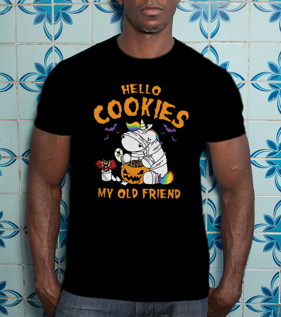 Hello Cookies My Old Friend Unicorn Halloween Rainbow Bats T-Shirt