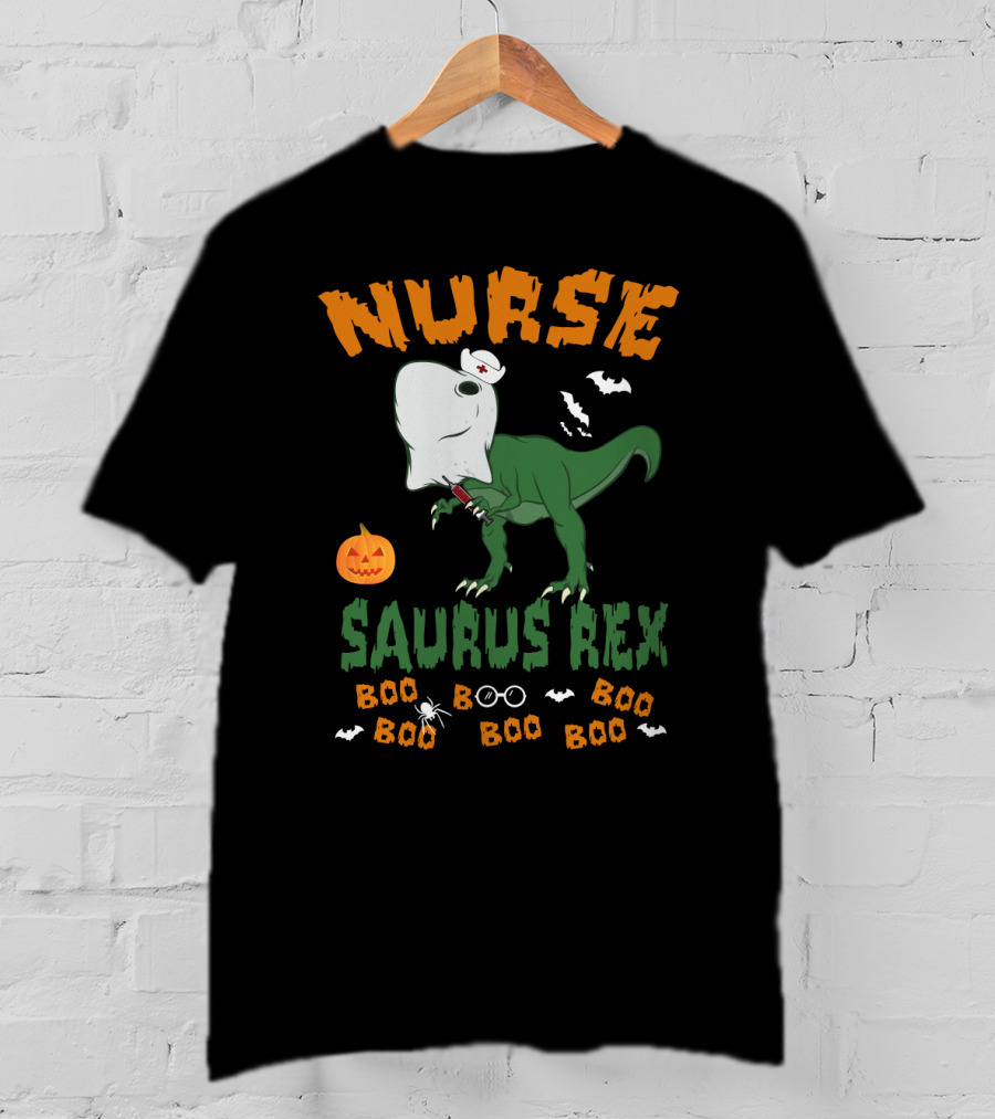 Nurse Saurus Rex Boo Boo Halloween Pumpkin Bat T-Shirt