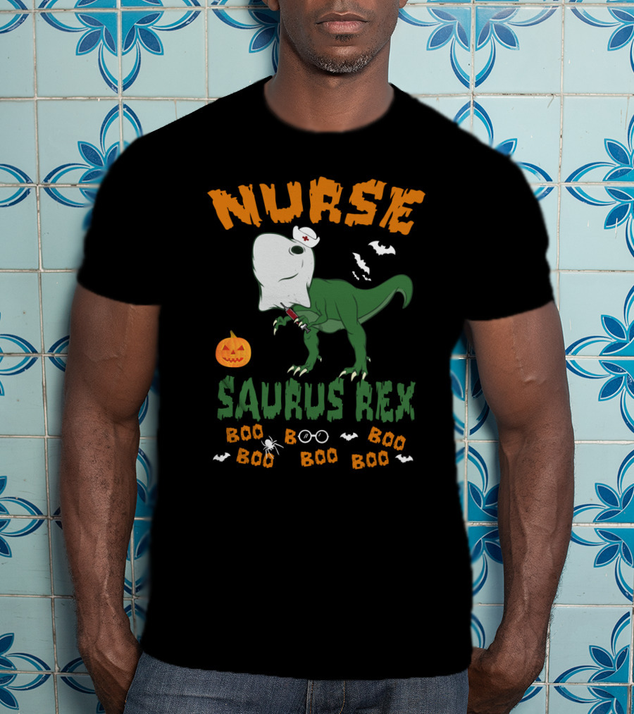 Nurse Saurus Rex Boo Boo Halloween Pumpkin Bat T-Shirt