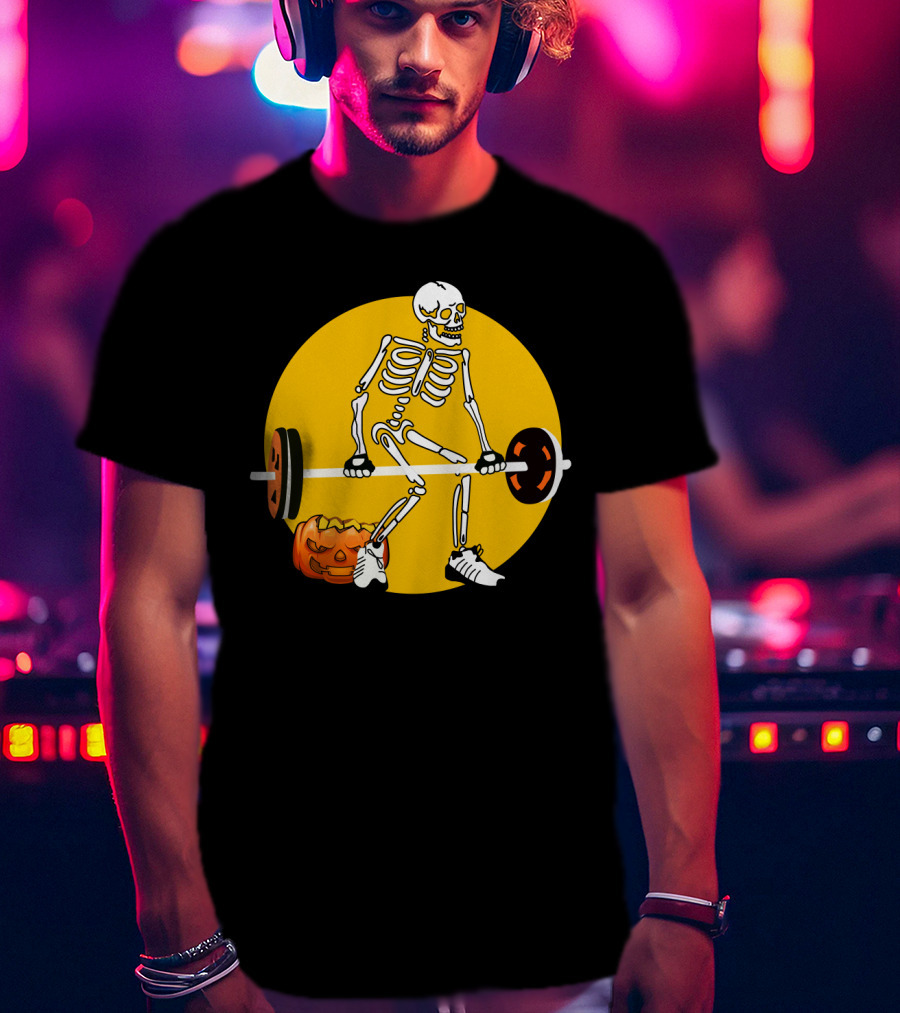 Skeleton Lifting Barbell With Pumpkin Halloween T-Shirt