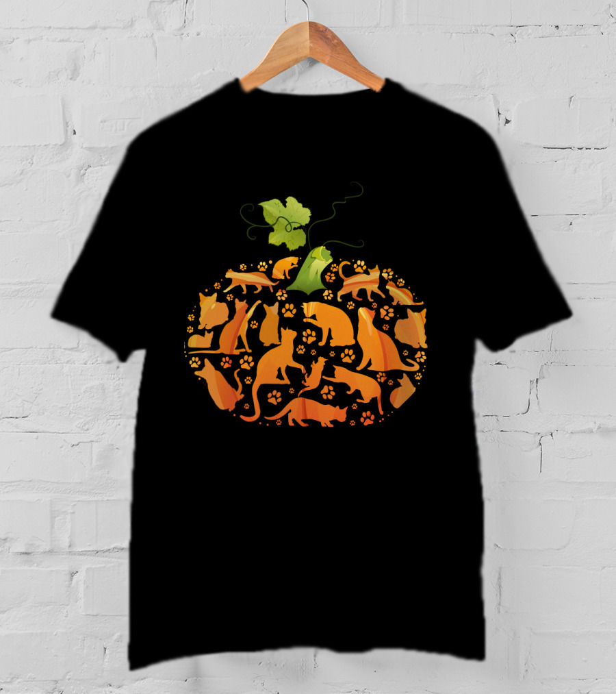 Cat Pumpkin Silhouette With Paws In Pumpkin Shape T-Shirt