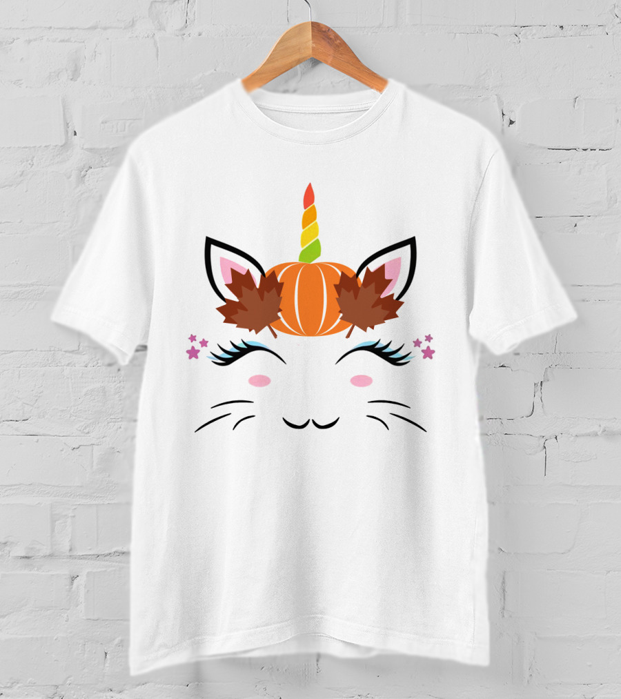 Caticorn Pumpkin Halloween Cat Unicorn Lover Fall Leaves T-Shirt