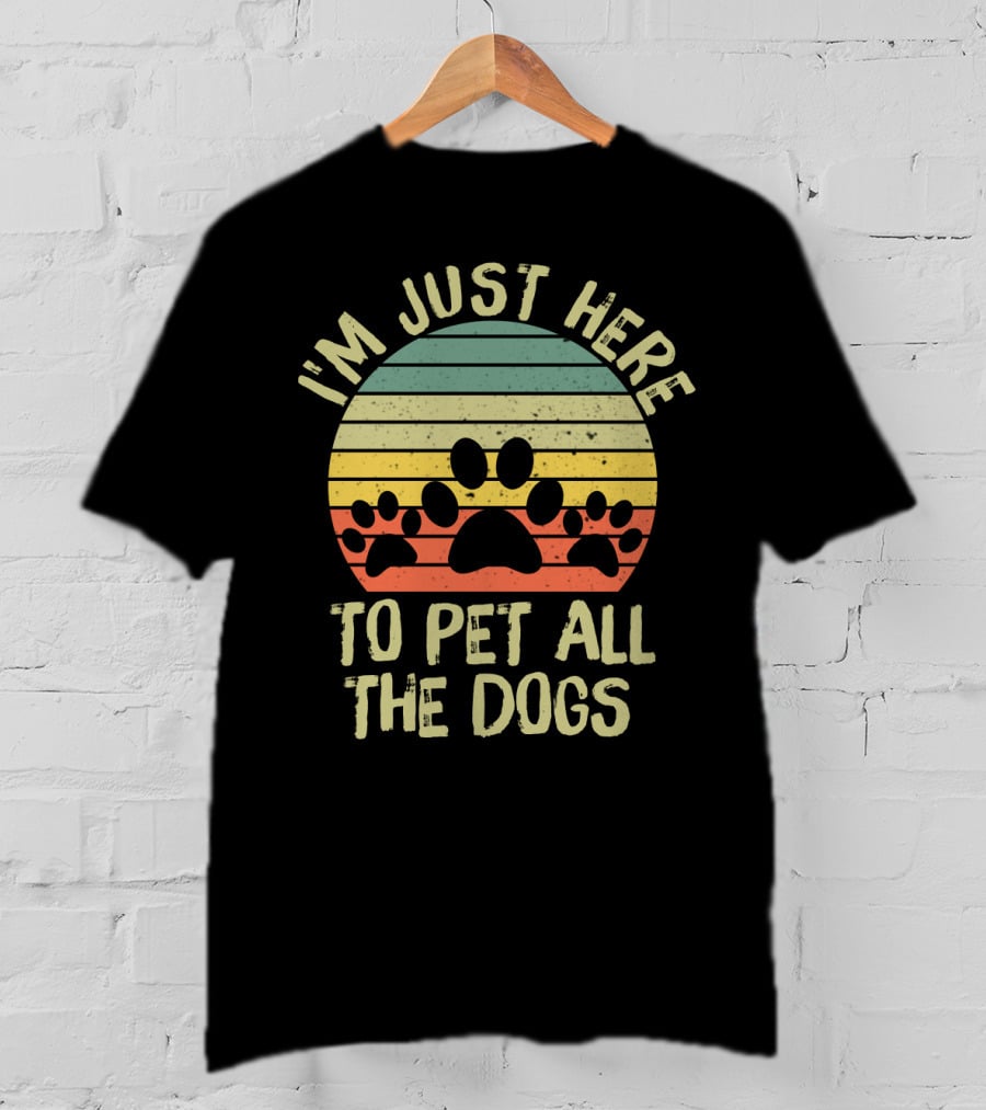 I'm Just Here To Pet All The Dogs Retro Paw Print Stripes T-Shirt