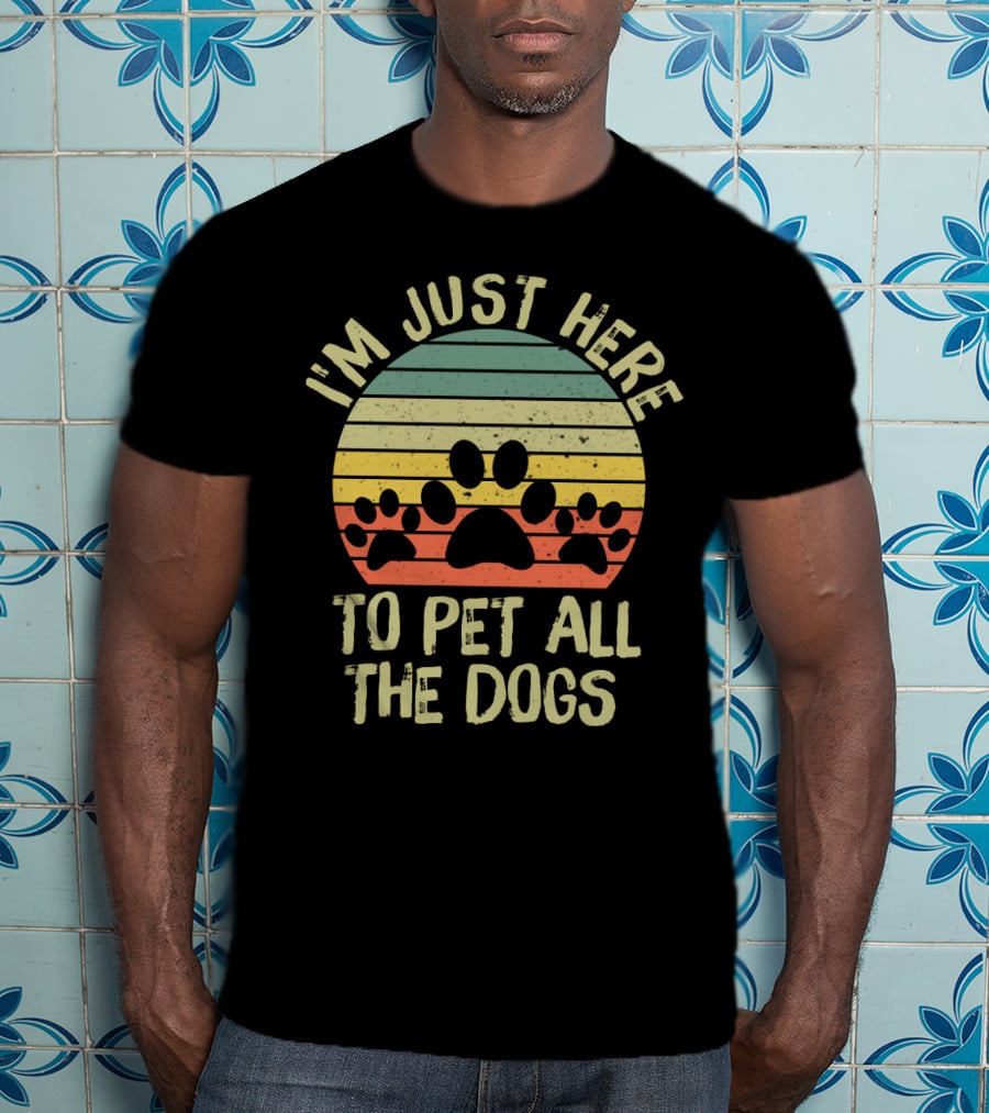 I'm Just Here To Pet All The Dogs Retro Paw Print Stripes T-Shirt