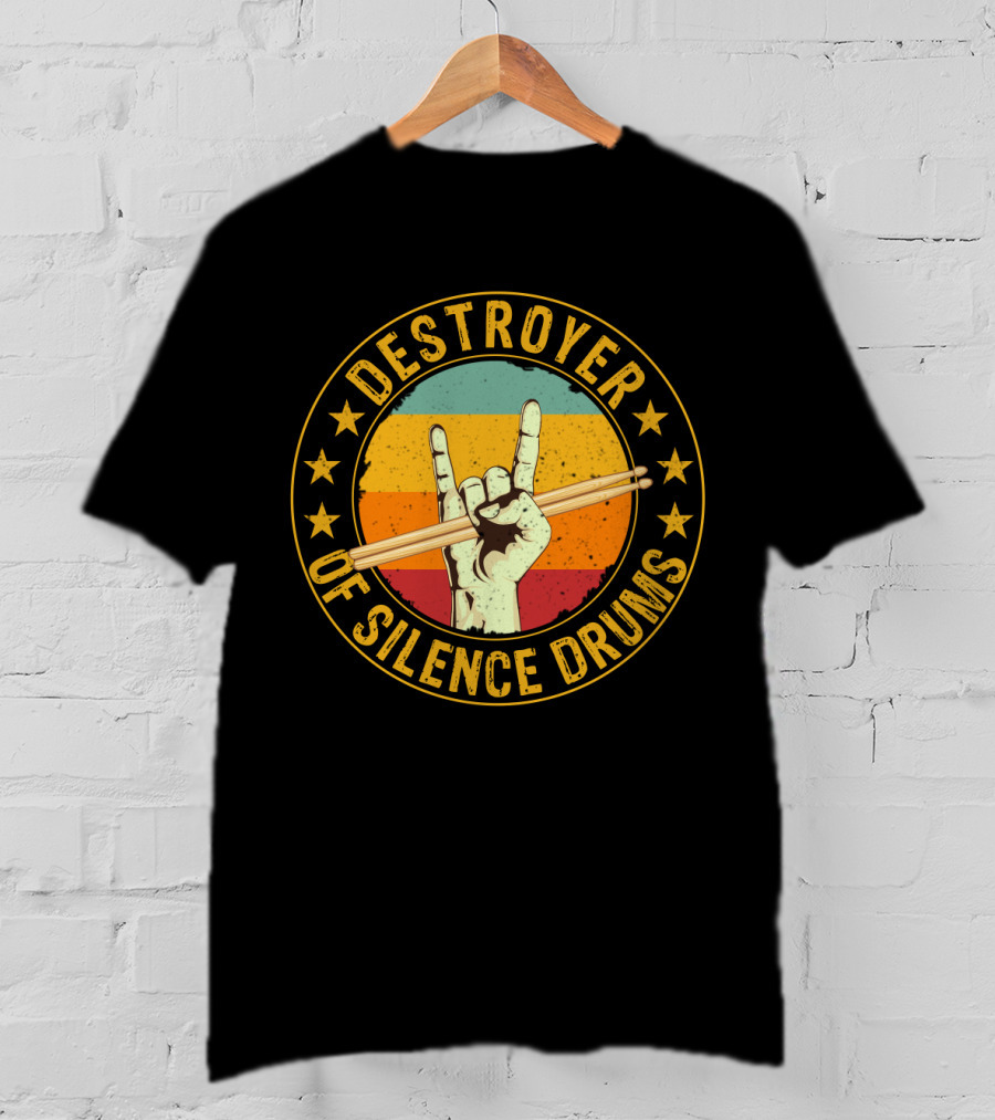 Destroyer Of Silence Drums Rock Hand Gesture Stars Retro Stripes T-Shirt