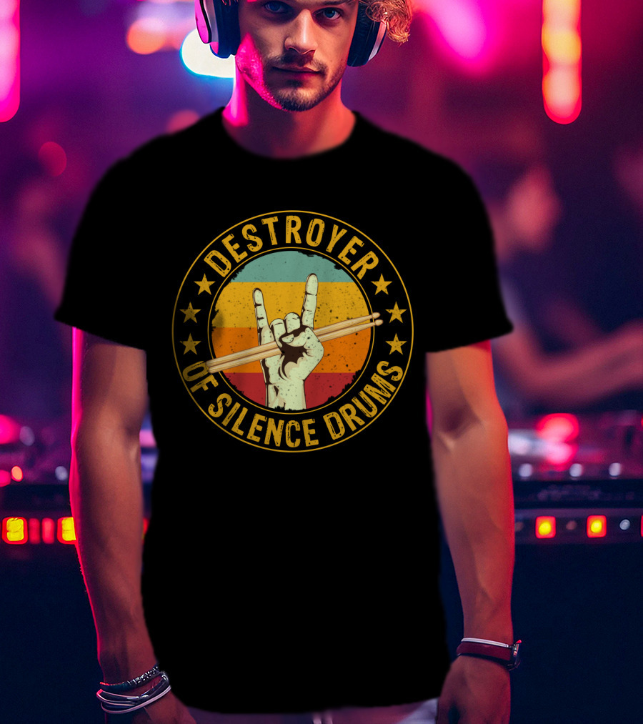Destroyer Of Silence Drums Rock Hand Gesture Stars Retro Stripes T-Shirt