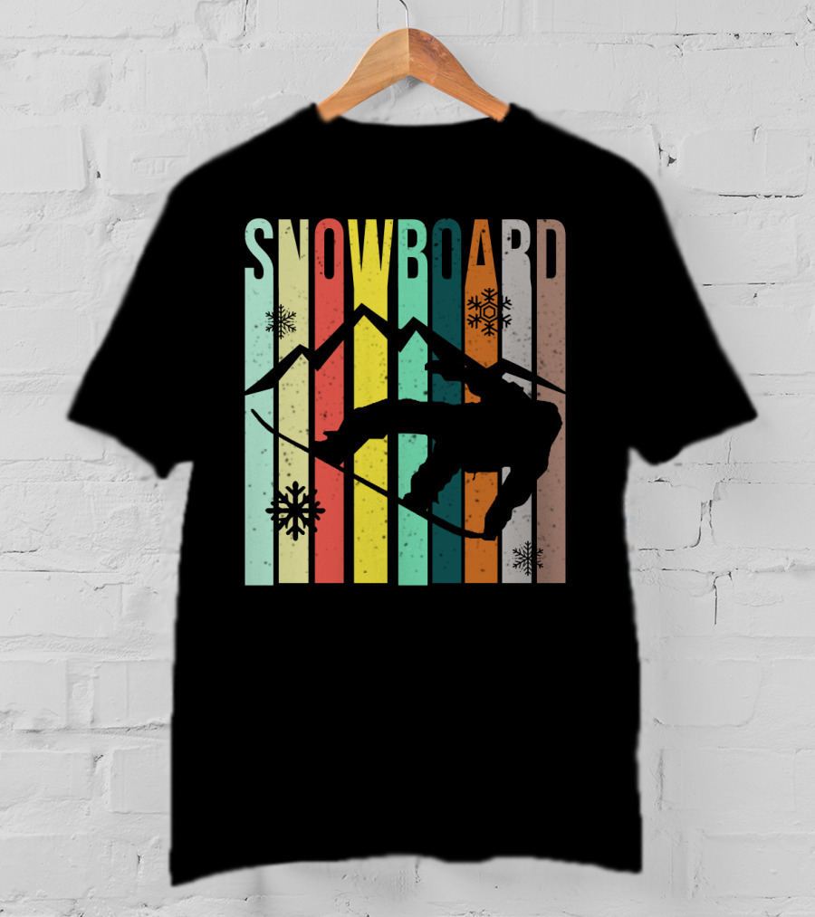 Snowboard Snowboarding Retro Mountain Silhouette Snowflakes T-Shirt