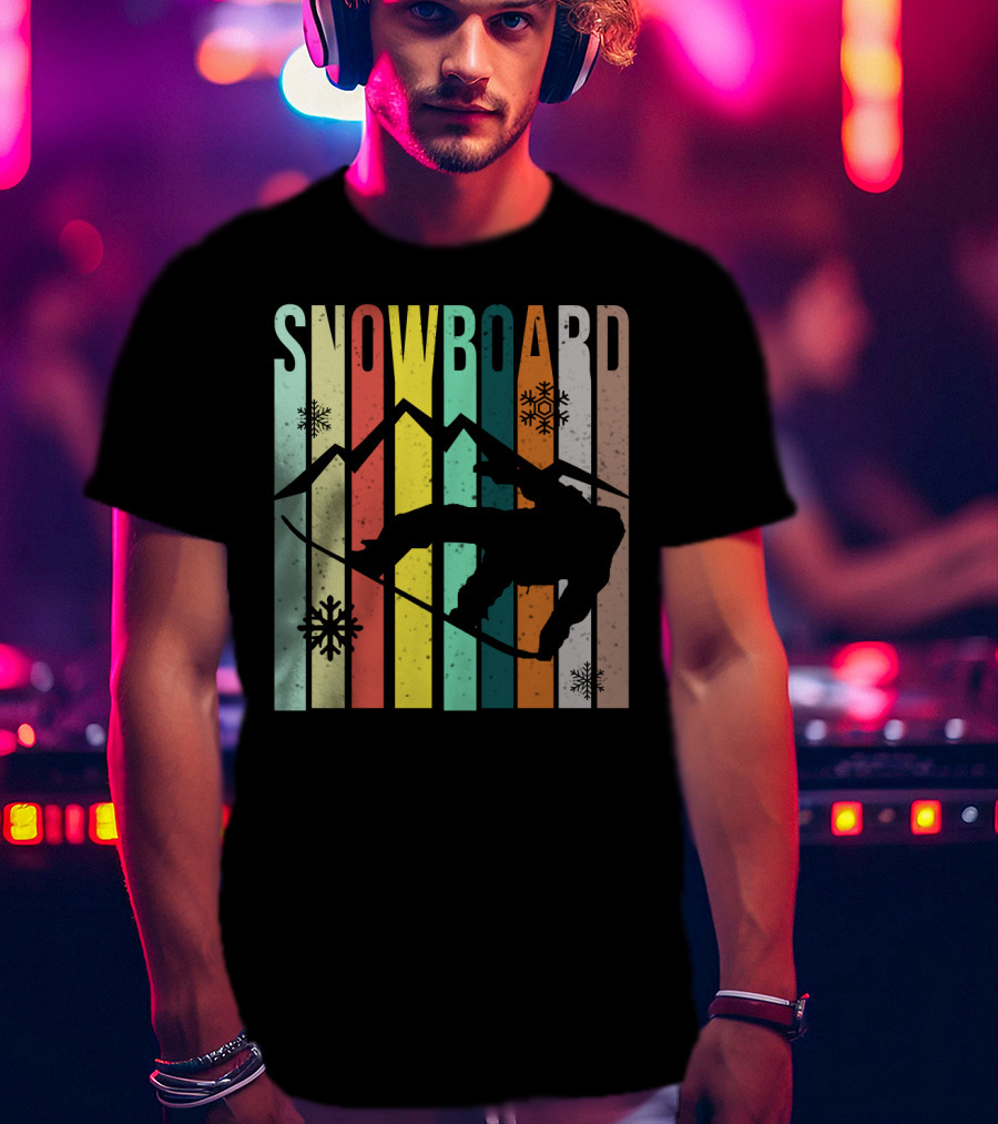 Snowboard Snowboarding Retro Mountain Silhouette Snowflakes T-Shirt