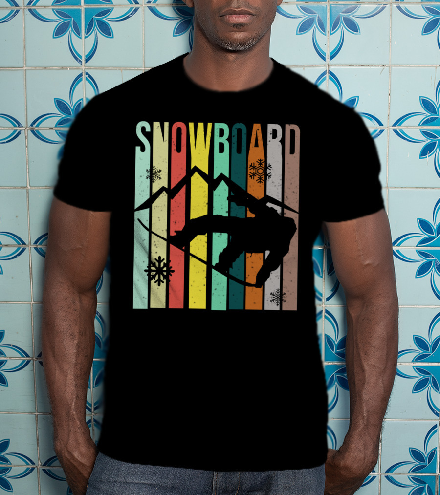 Snowboard Snowboarding Retro Mountain Silhouette Snowflakes T-Shirt