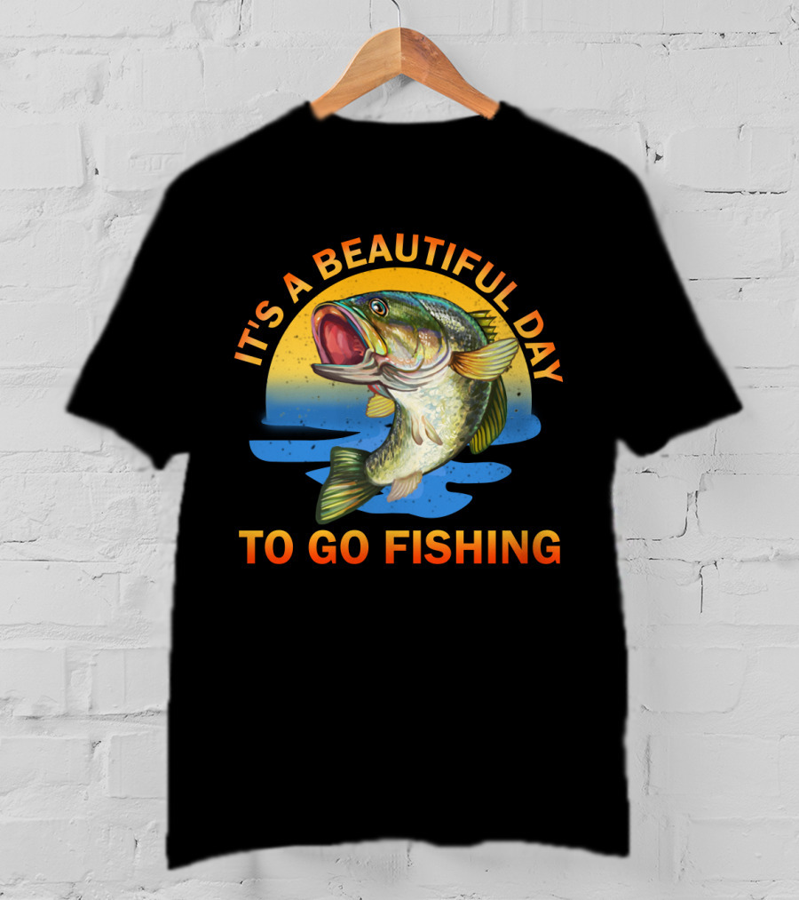 IT'S A BEAUTIFUL DAY TO GO FISHING Fish Jumping Sunset Scene T-Shirt