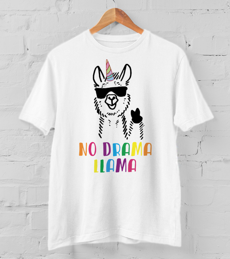 Llamacorn No Drama Llama Funny Unicorn Rainbow Text Sunglasses Peace Sign T-Shirt