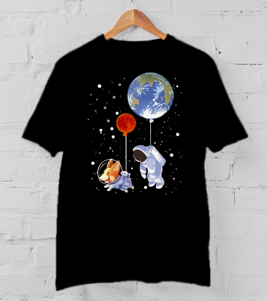 Corgi Astronaut And Human Floating With Earth And Mars Balloons In Space T-Shirt