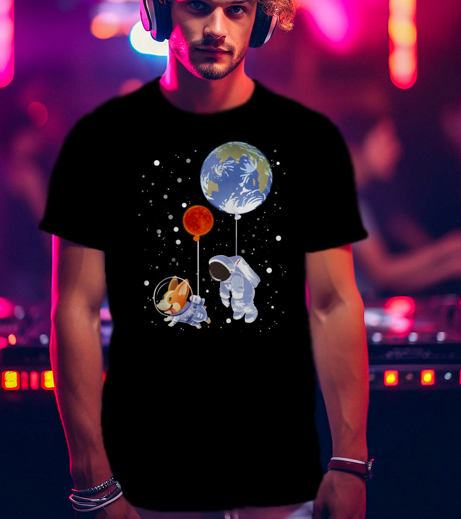 Corgi Astronaut And Human Floating With Earth And Mars Balloons In Space T-Shirt