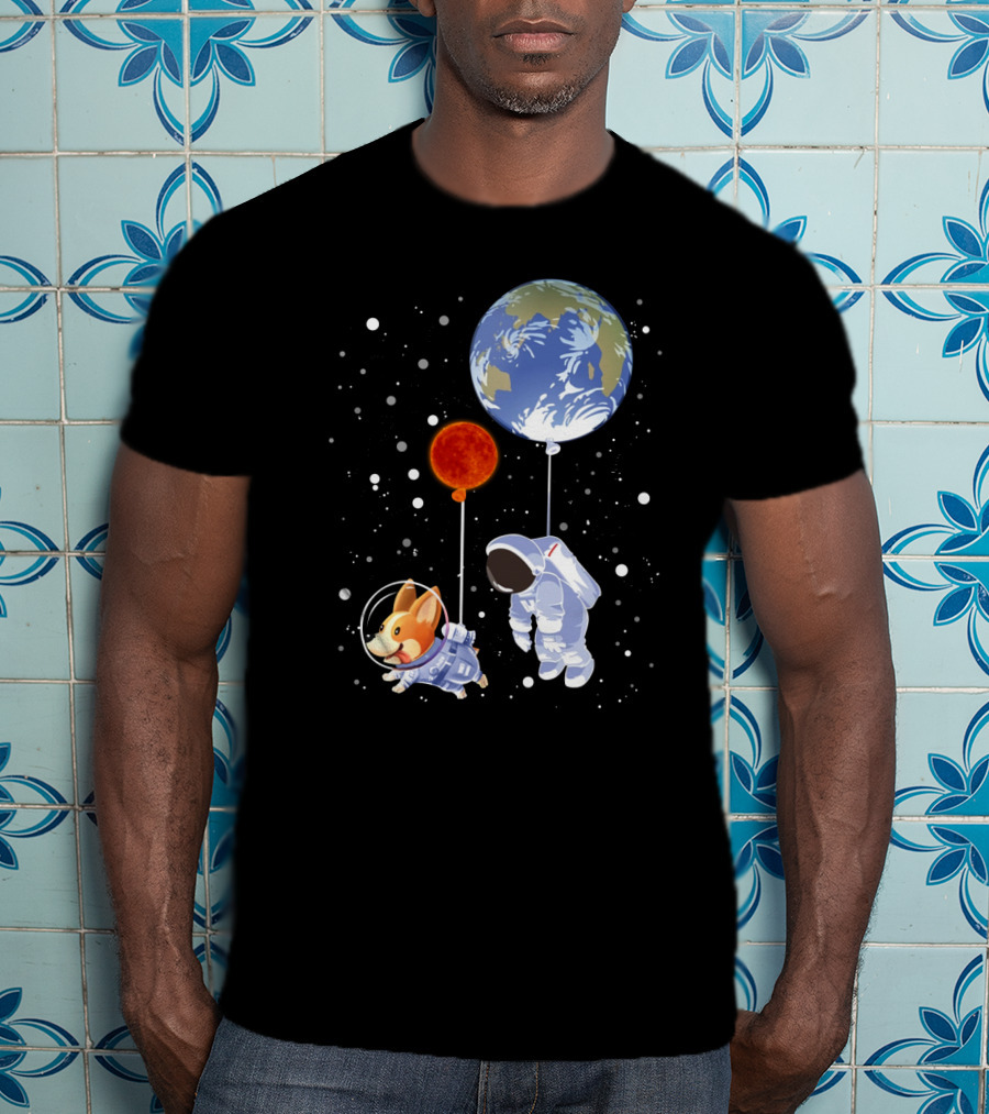 Corgi Astronaut And Human Floating With Earth And Mars Balloons In Space T-Shirt