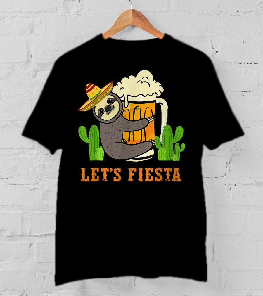 Let's Fiesta Sloth With Beer And Mexican Cactus Celebrating Cinco De Mayo T-Shirt