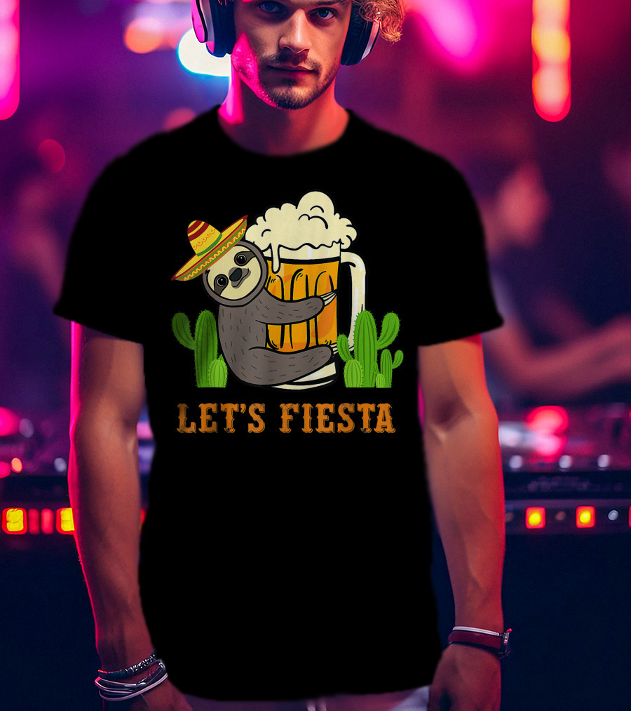 Let's Fiesta Sloth With Beer And Mexican Cactus Celebrating Cinco De Mayo T-Shirt