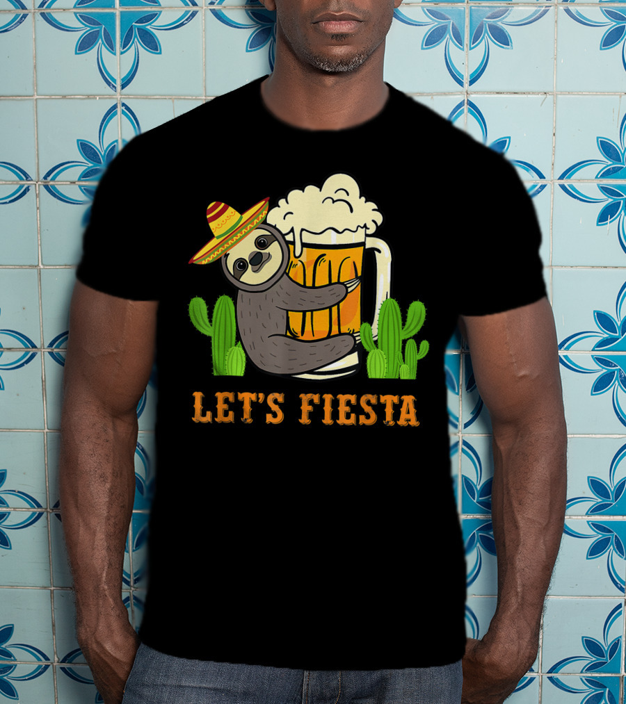 Let's Fiesta Sloth With Beer And Mexican Cactus Celebrating Cinco De Mayo T-Shirt