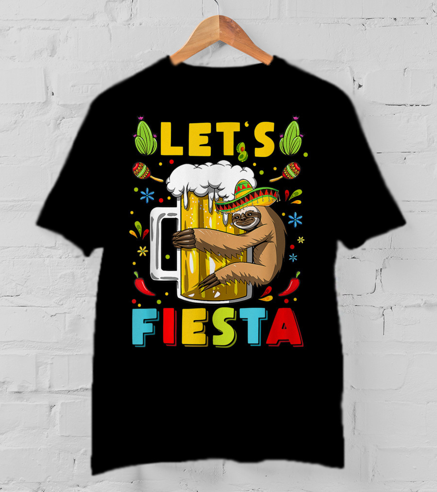 Fiesta Sloth Hugging Beer Mug With Sombrero And Mexican Decor For Cinco De Mayo T-Shirt