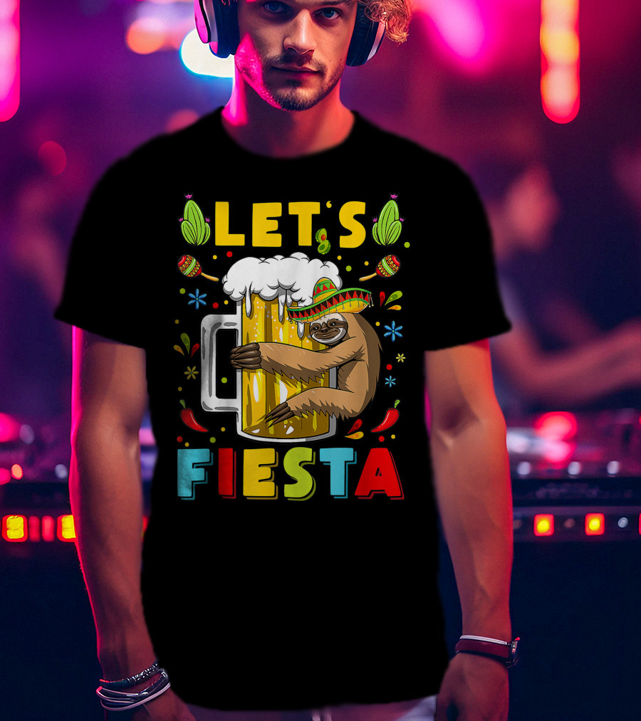 Fiesta Sloth Hugging Beer Mug With Sombrero And Mexican Decor For Cinco De Mayo T-Shirt