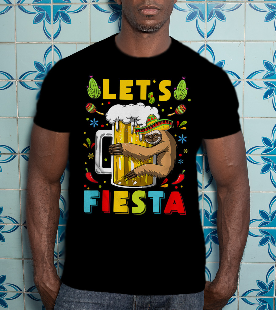 Fiesta Sloth Hugging Beer Mug With Sombrero And Mexican Decor For Cinco De Mayo T-Shirt