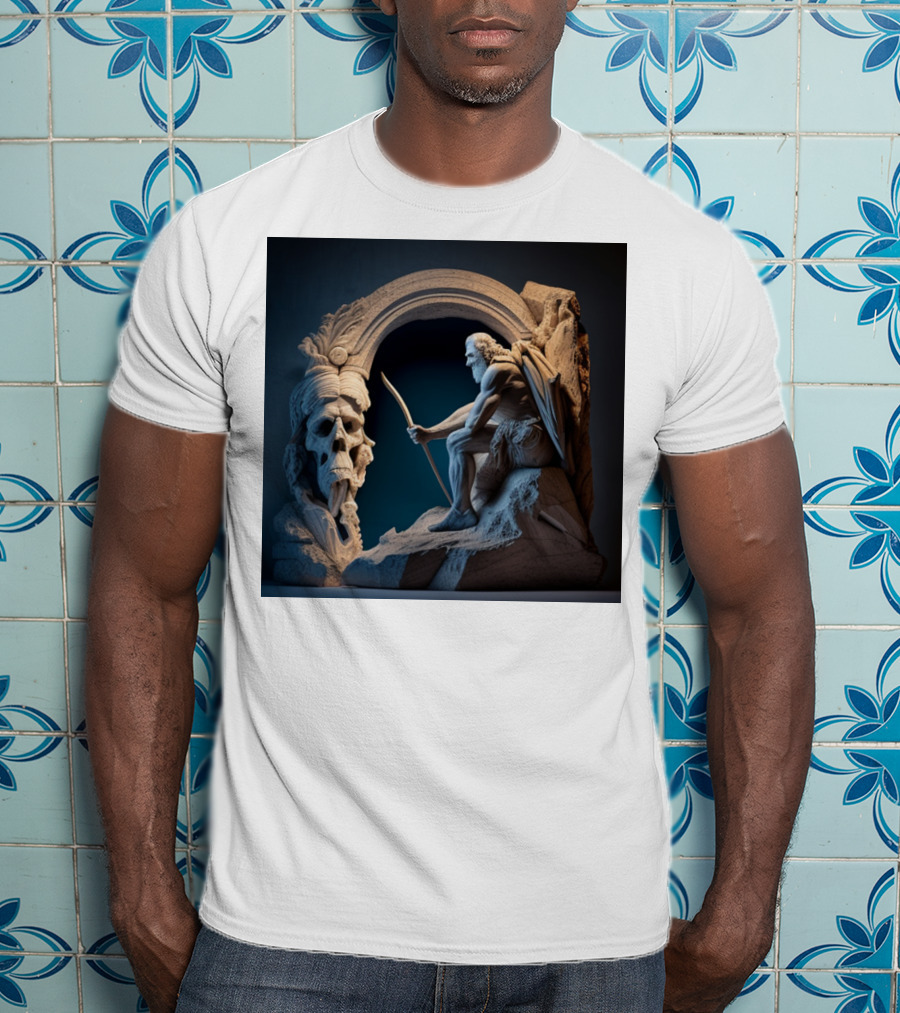 A Strong Old Man Warrior Statuesque Power In Mythical Stone Arch T-Shirt