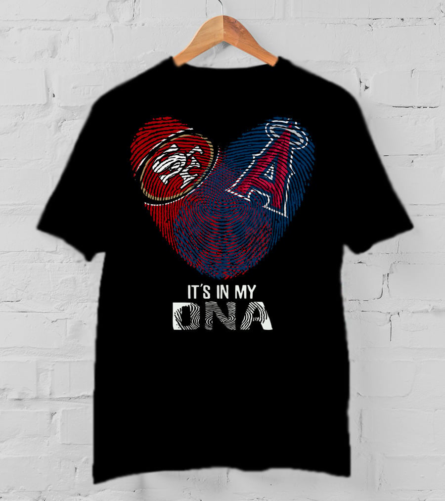 49Ers SF Logo And Los Angeles Angels DNA Fingerprint Heart T-Shirt