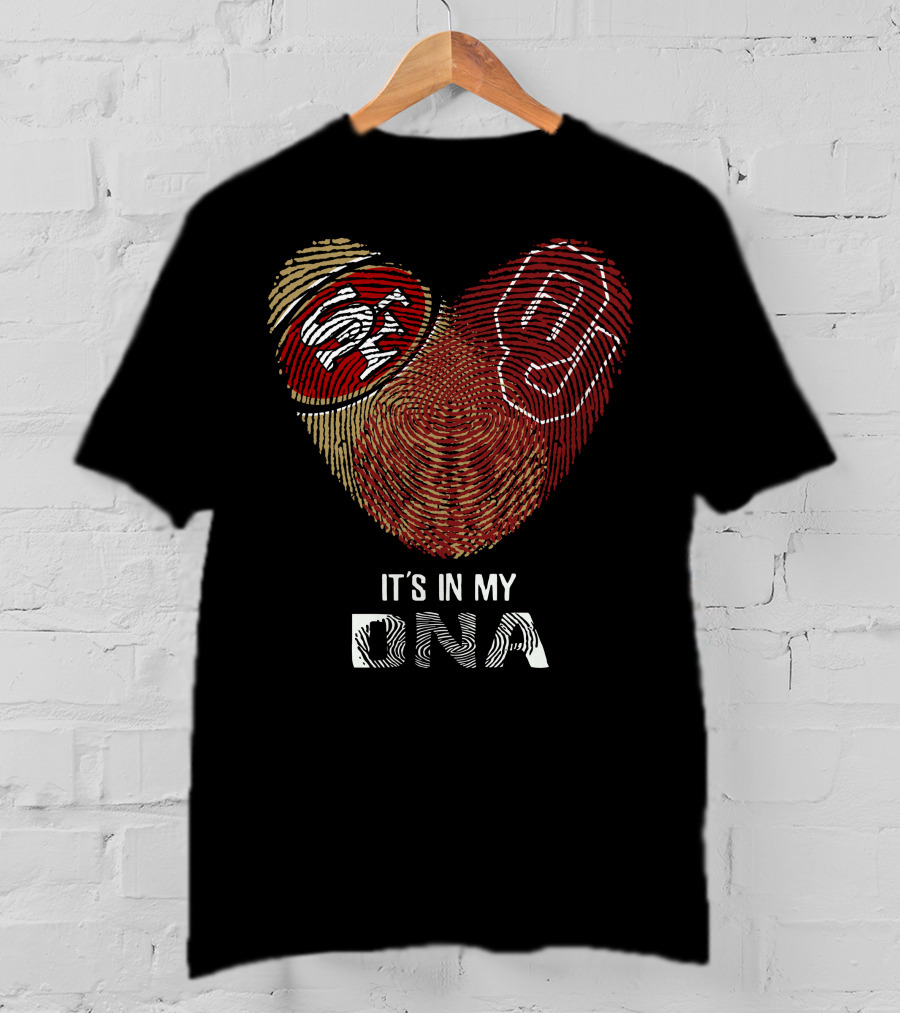 49ers Sooners It’s In My Dna Heart-Shaped Fingerprint With Logos T-Shirt