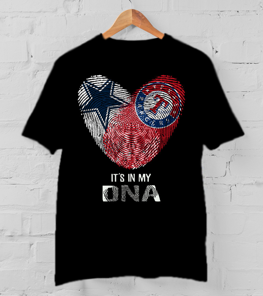 Cowboys Rangers It's In My DNA Fingerprint Heart With Star And Baseball T-Shirt