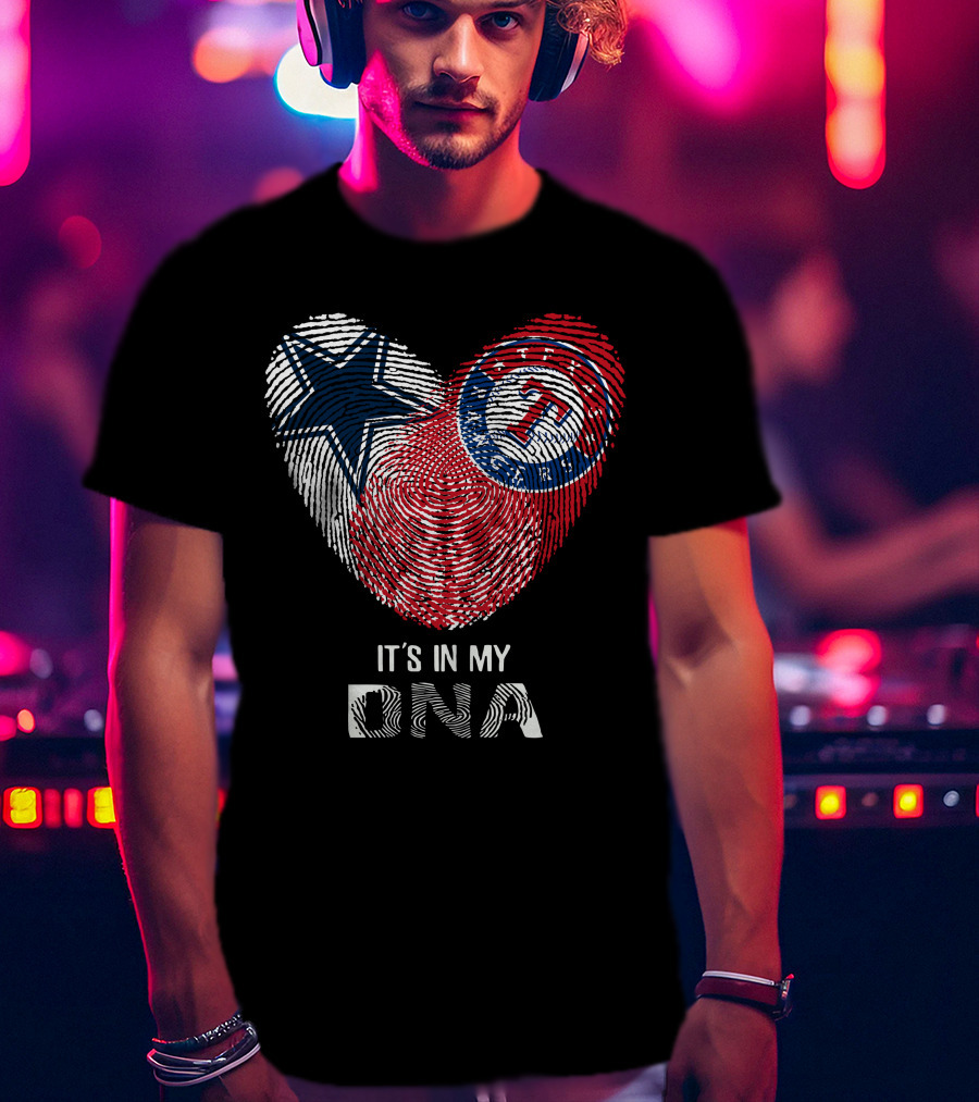 Cowboys Rangers It's In My DNA Fingerprint Heart With Star And Baseball T-Shirt