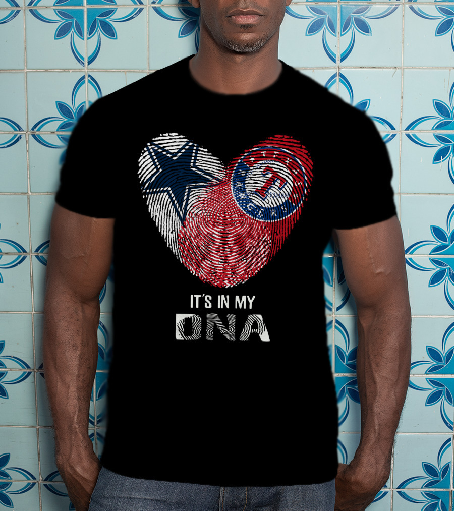 Cowboys Rangers It's In My DNA Fingerprint Heart With Star And Baseball T-Shirt
