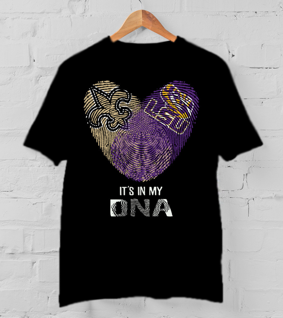 Saints Lsu It's In My Dna Fingerprint Heart Fleur-De-Lis Logo Purple Gold T-Shirt