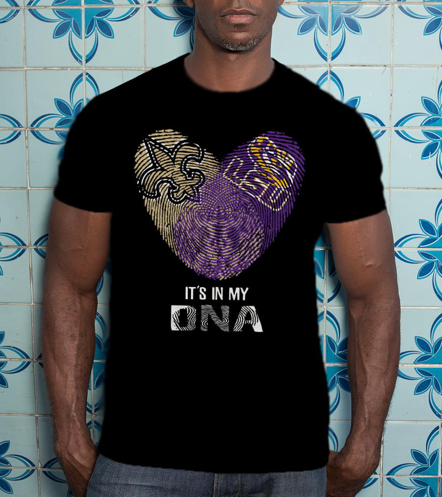 Saints Lsu It's In My Dna Fingerprint Heart Fleur-De-Lis Logo Purple Gold T-Shirt