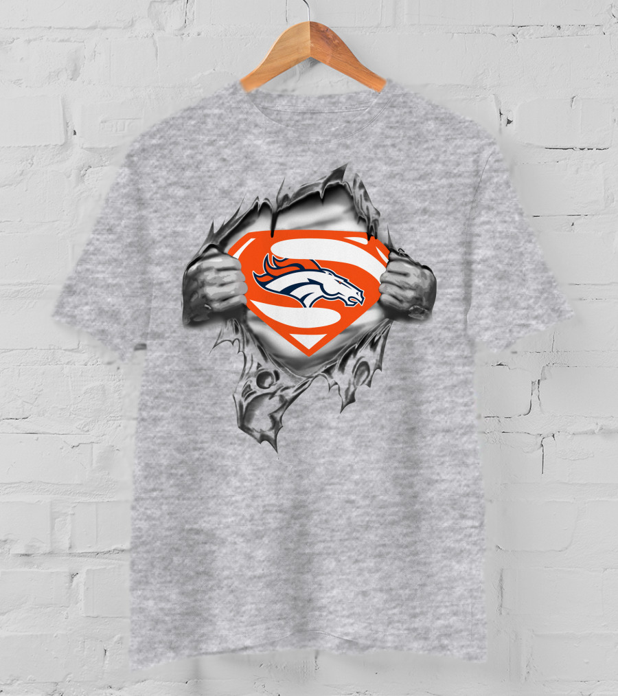Broncos Super Man Logo Gray Torn Effect T-Shirt