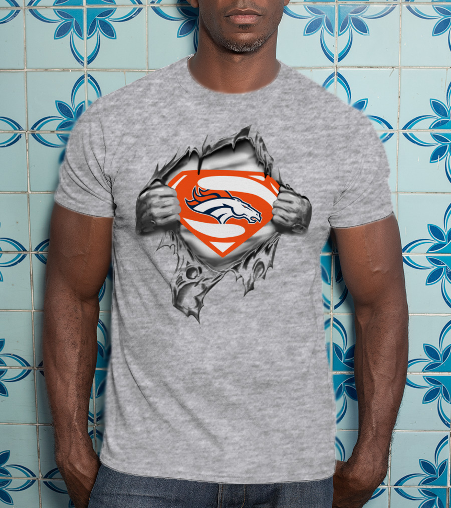 Broncos Super Man Logo Gray Torn Effect T-Shirt