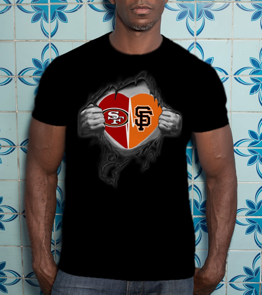 49ers Giants Heart Logos Cloak Tearing Hands T-Shirt